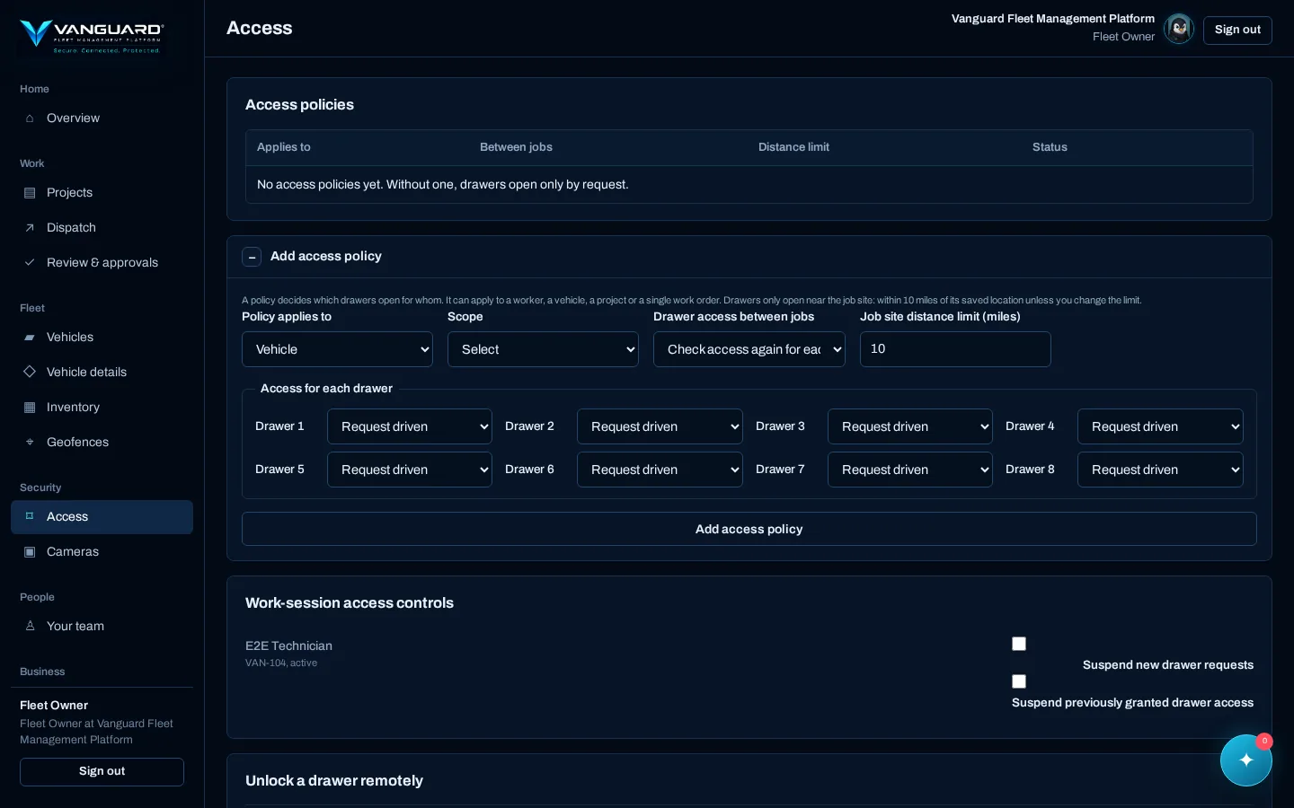 Access policies screen in Vanguard