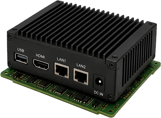 Vanguard Argus onboard gateway hardware with cooling fins, USB, HDMI, dual Ethernet and power ports
