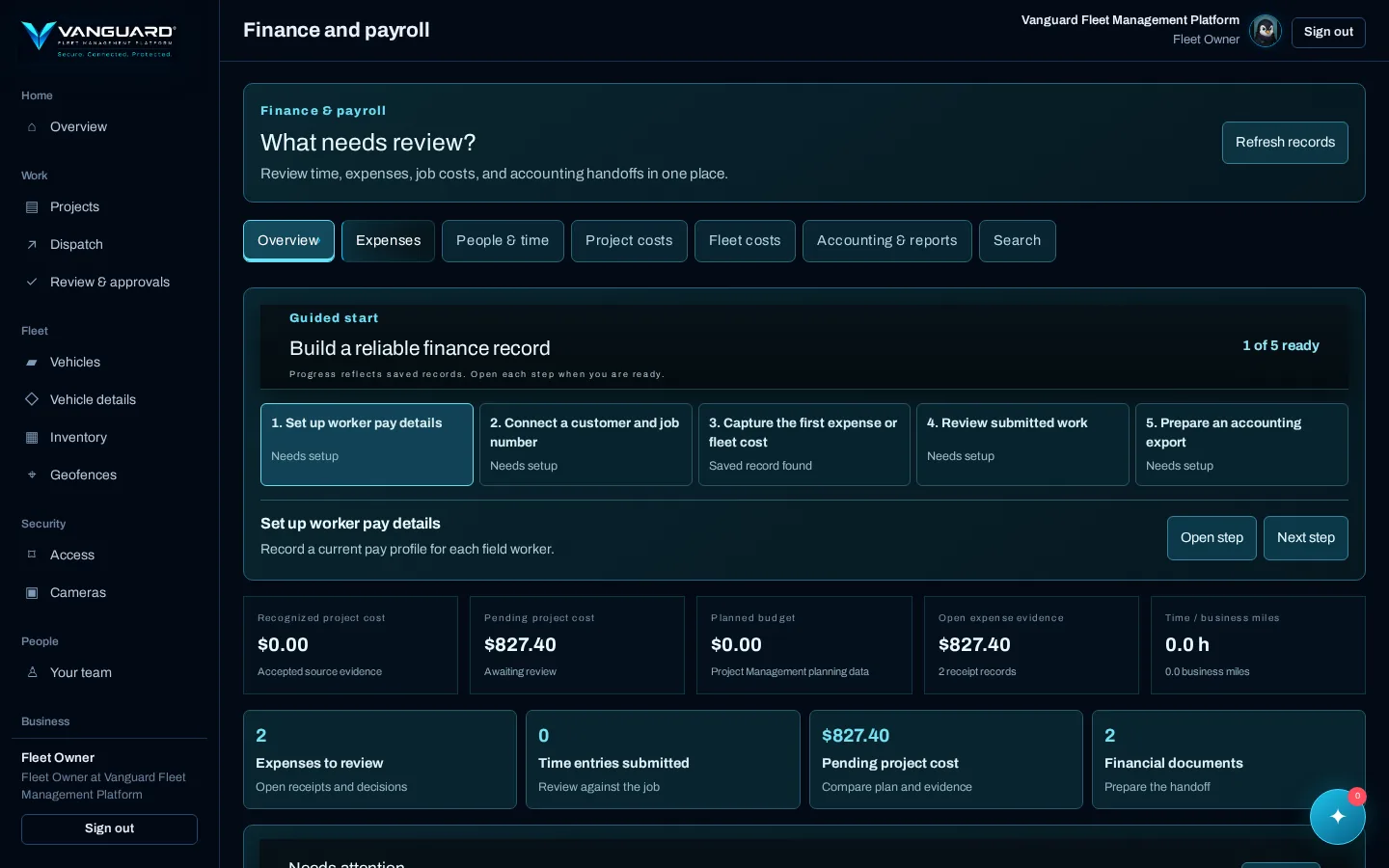 Finance and payroll screen in Vanguard