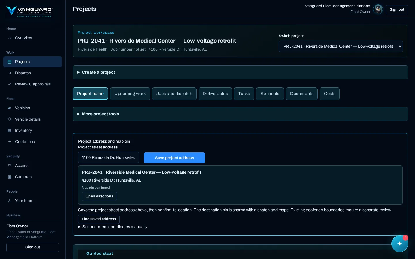 Projects screen in Vanguard