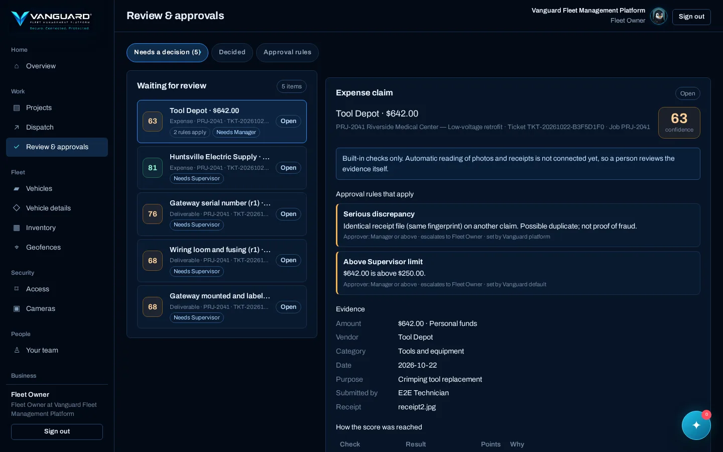 Review and approvals screen in Vanguard